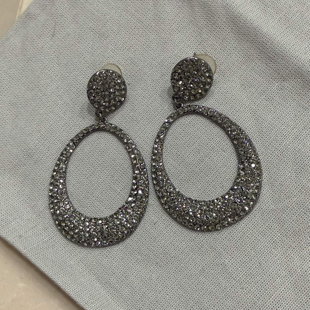 Pave Crystal Open Oval Drop Earrings — Silver Sparkle
